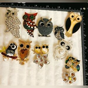 Lot 10 Owl Brooches Pins Vintage Style Rhinestone Enamel Crystal Bird Collection